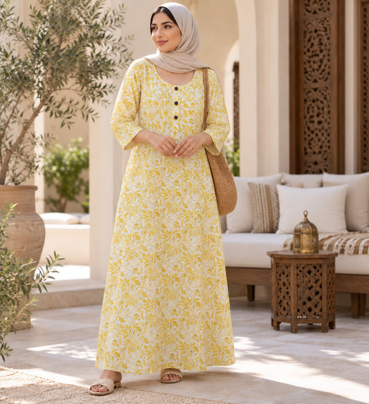 Women’s Floral Print Long Nightdress – Mixed Colors | 3/4 Sleeve Casual Maxi Dress