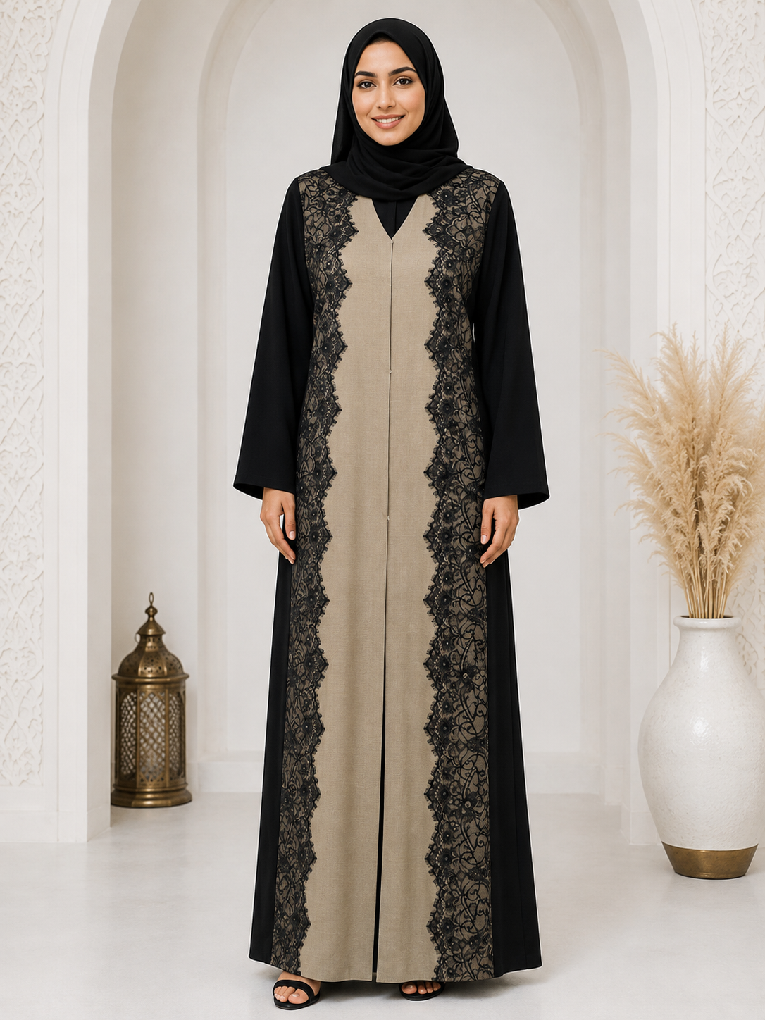 Elegant Grey Lace Detail Abaya for Women