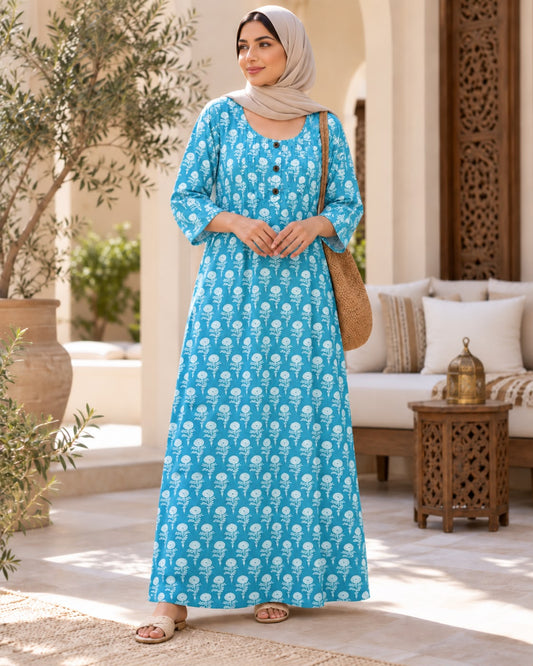 Women’s Floral Print Long Nightdress – Mixed Colors | 3/4 Sleeve Casual Maxi Dress