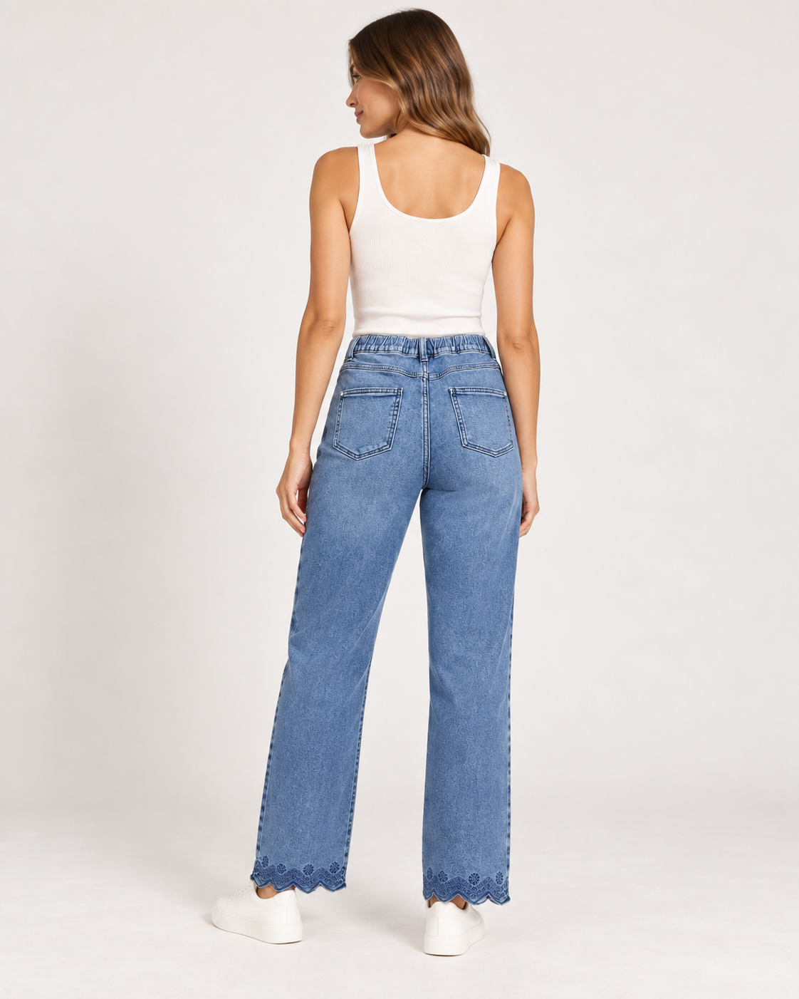Women’s Embroidered Hem Wide-Leg Jeans – Light Blue