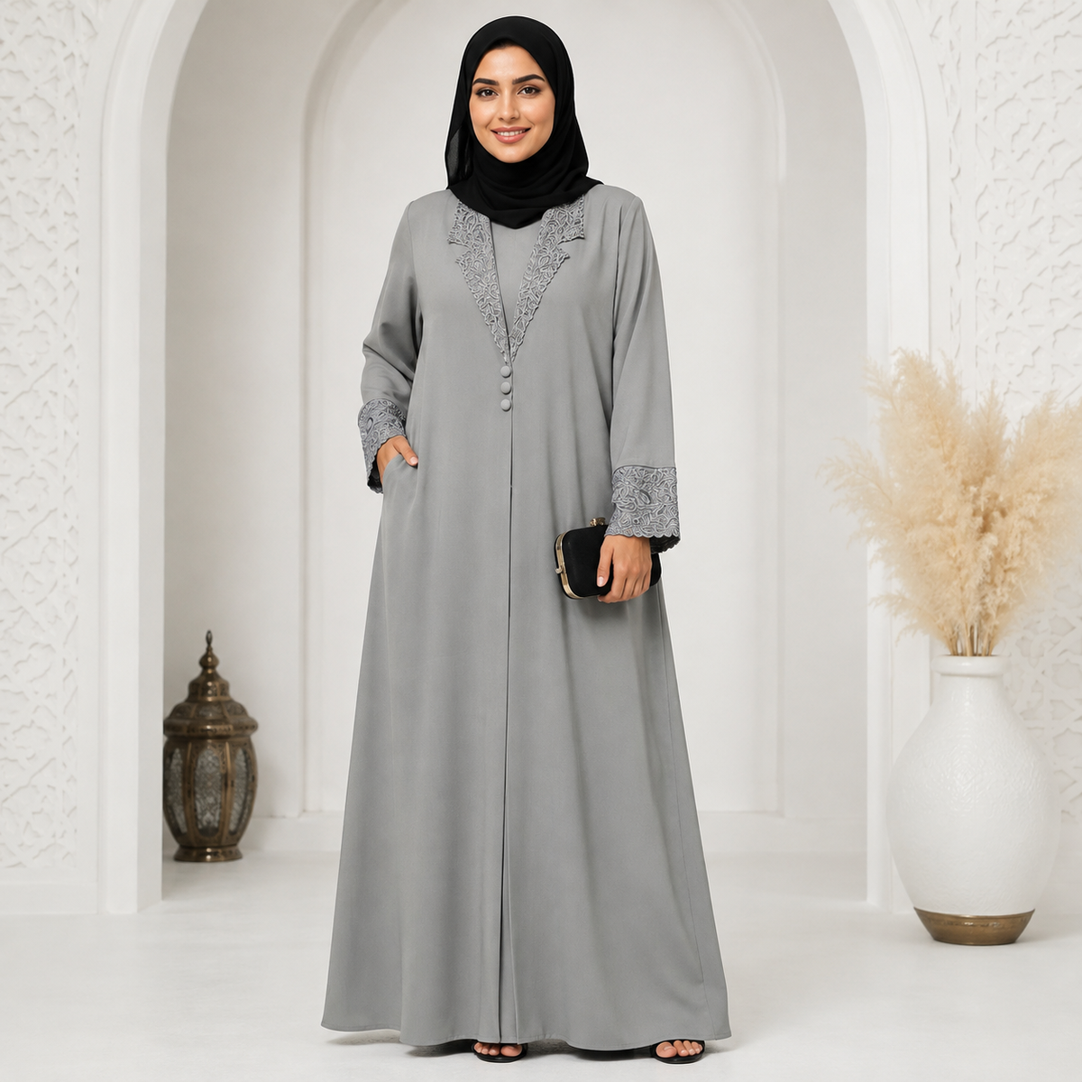 Elegant Grey Lace Detail Abaya for Women