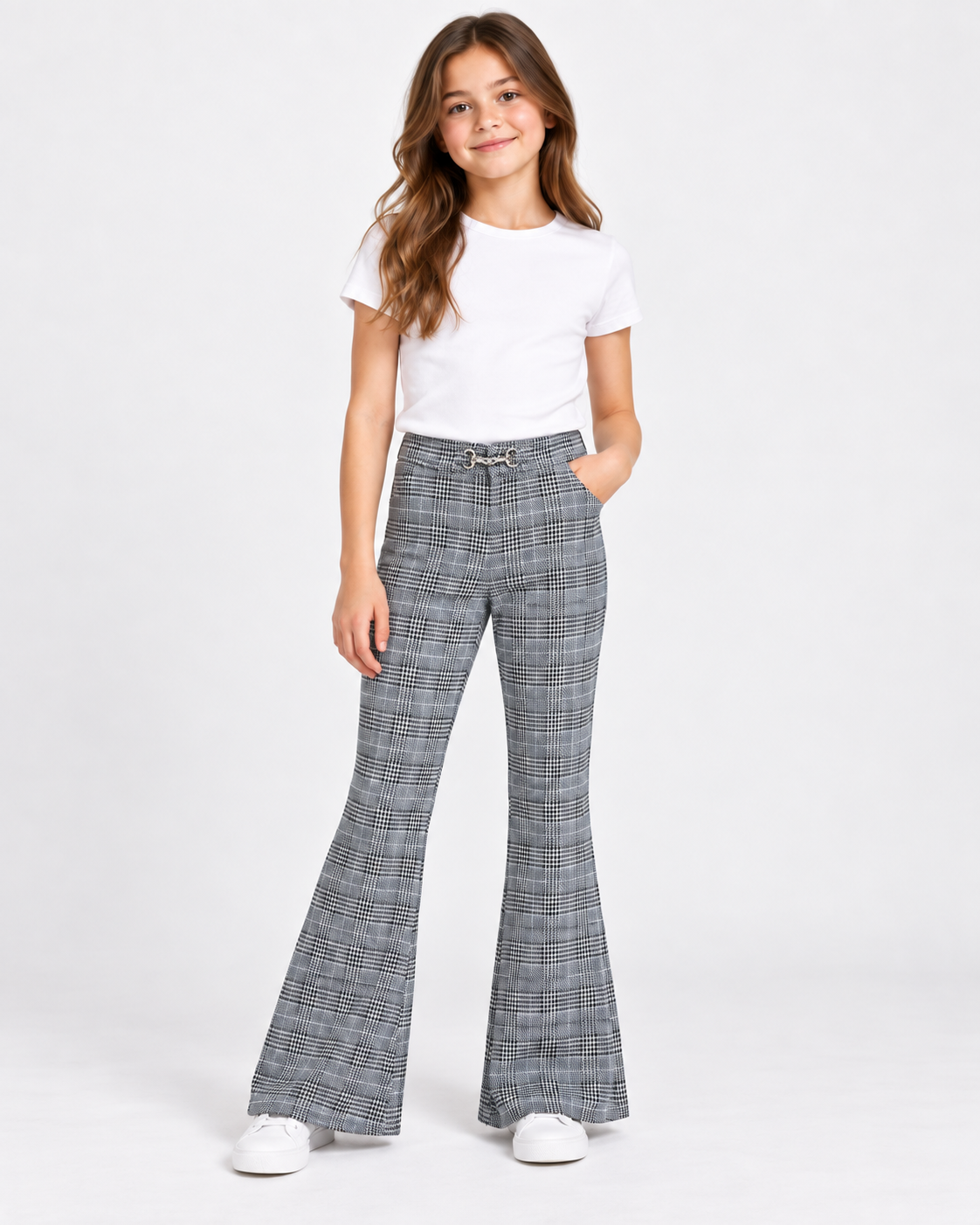 Girls' Plaid Flared Pant-Grey Check Bell- Bottom Trousers
