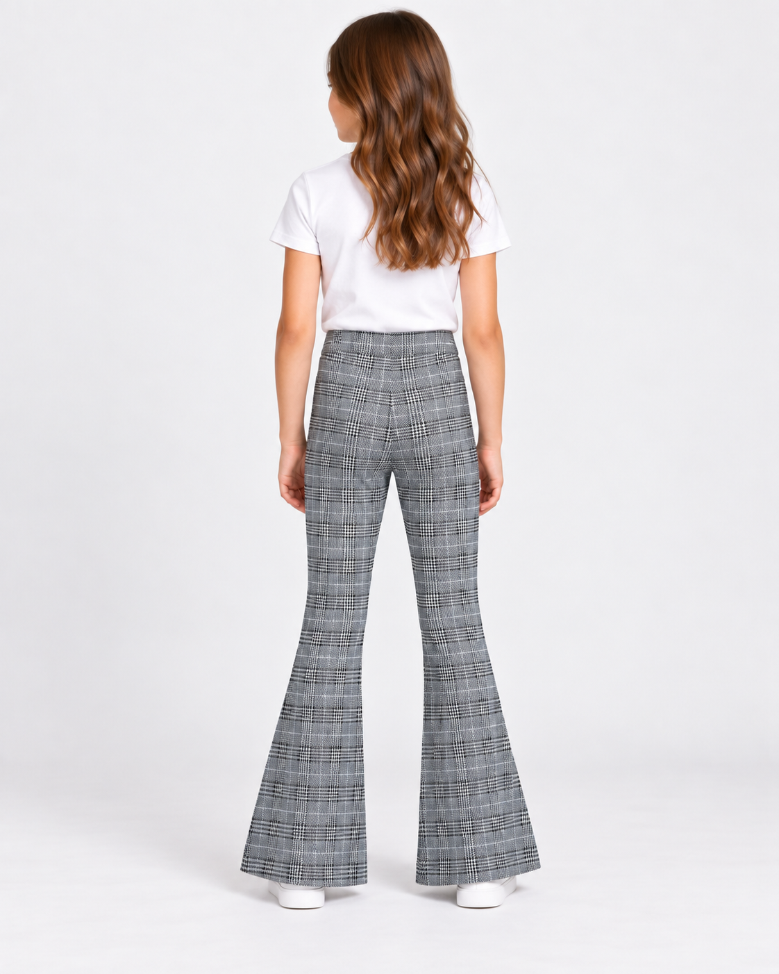 Girls' Plaid Flared Pant-Grey Check Bell- Bottom Trousers